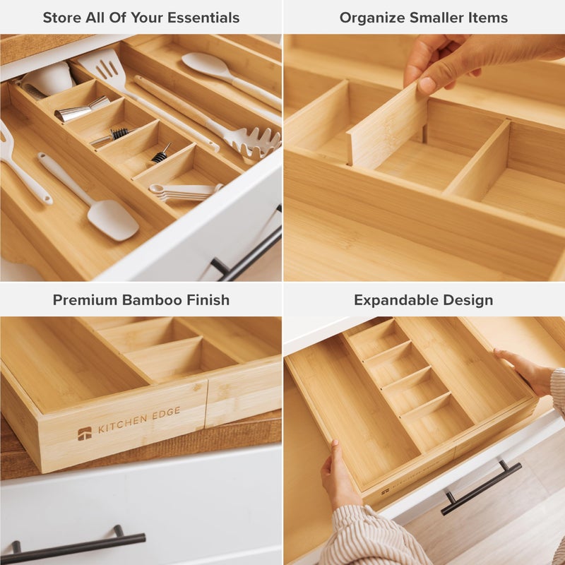 KitchenEdge Adjustable Bamboo Kitchen Drawer Organizer for Utensils and Junk, Expandable to 28 inches Wide, 9 Compartments - Image 3